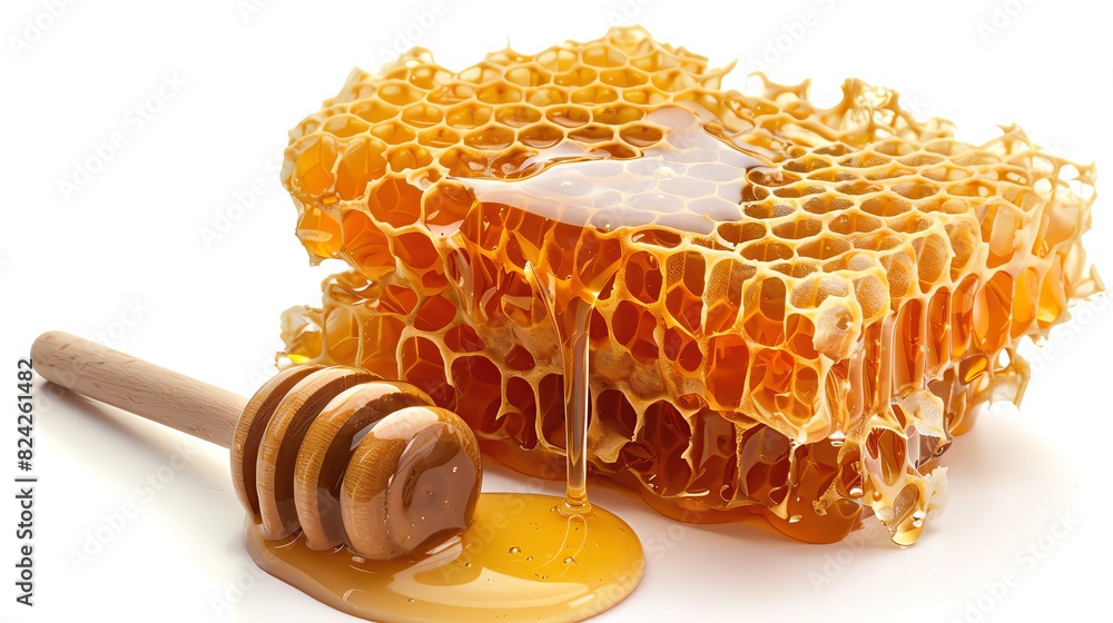 Honeycomb with honey dripping on a wooden stick isolated on a white background cutout. Honeycomb with honey dripping on a wooden stick isolated on a white background cutout.