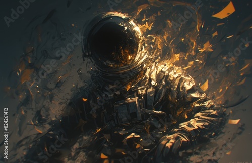 A burning astronaut, a dark background, smoke and sparks flying from the body of an apollo era space suit, high resolution, highly detailed, cinematic photography