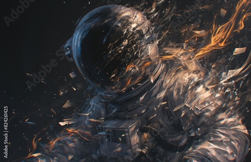 A burning astronaut, a dark background, smoke and sparks flying from the body of an apollo era space suit, high resolution, highly detailed, cinematic photography