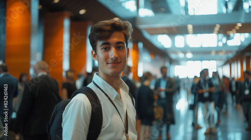 A handsome young man in a white shirt and carrying a backpack stands in a crowded industrial exhibition hall. He is a participant in the exhibition
