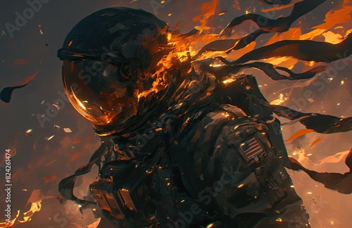 A burning astronaut, a dark background, smoke and sparks flying from the body of an apollo era space suit, high resolution, highly detailed, cinematic photography