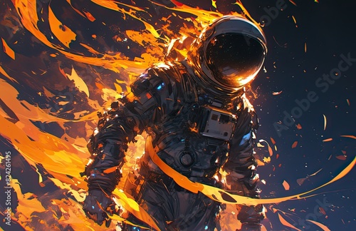 A burning astronaut, a dark background, smoke and sparks flying from the body of an apollo era space suit, high resolution, highly detailed, cinematic photography