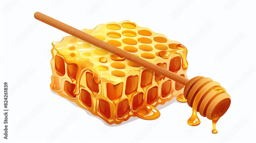 Honeycomb golden with honey dripping and a wooden stick isolated on a white background, in the style of Dr rough. Honeycomb golden with honey dripping and a wooden stick isolated on a white background, in the style of Dr rough.
