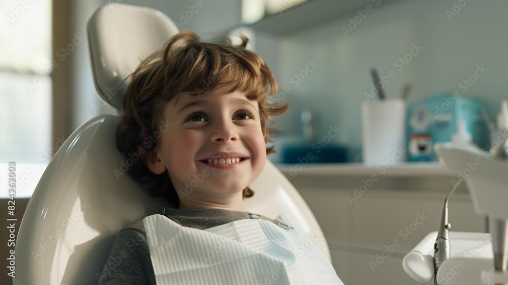 A brave little boy is sitting in the dentist's chair. A smiling child has cured all his teeth at a pediatric dentist A brave little boy is sitting in the dentist's chair. A smiling child has cured all his teeth at a pediatric dentist