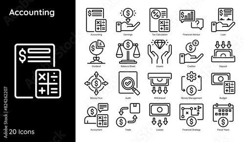 Set of Accounting Line Icons Contain Such Accountant, Financial Strategy, Fiscal Year and More.