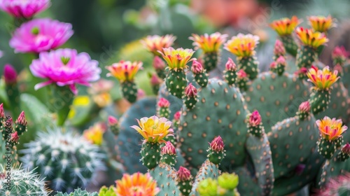 The cacti plants are flourishing and blooming photo