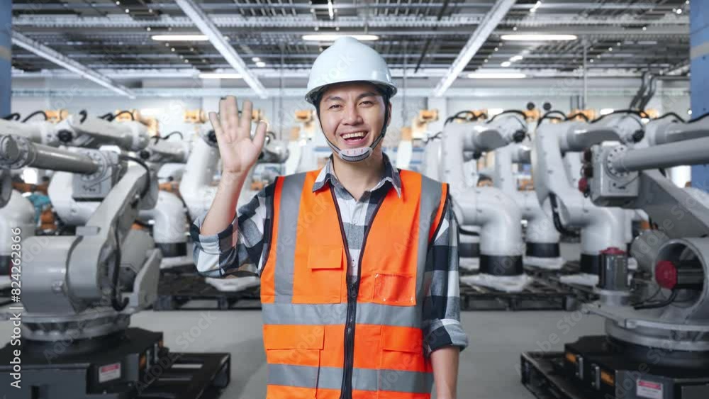 Asian Male Engineer With Safety Helmet Smiling To Camera And Waving Hand Saying Bye While Standing With Robotic ArmsArm Asian Male Engineer With Safety Helmet Smiling To Camera And Waving Hand Saying Bye While Standing With Robotic ArmsArm