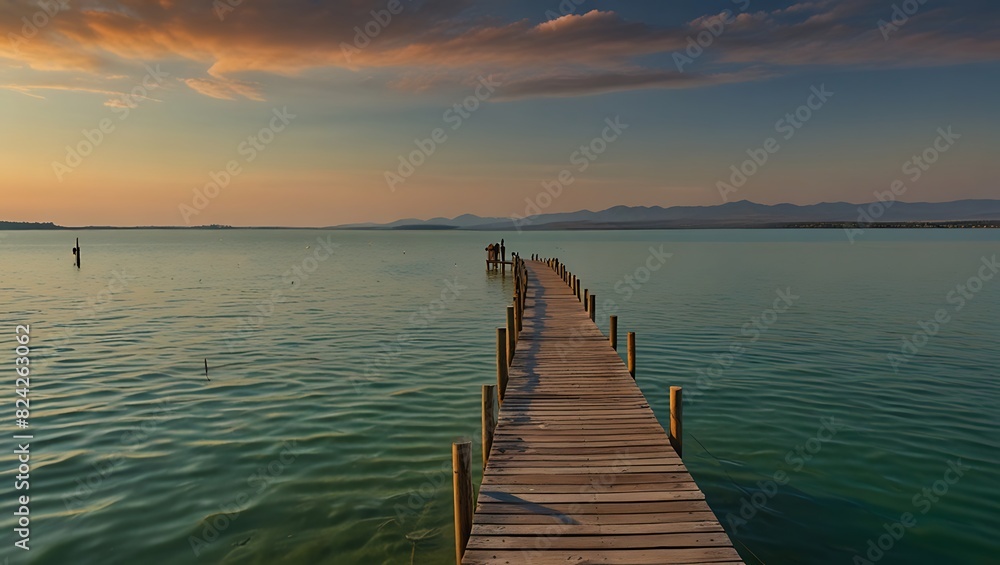 Fototapeta premium extends into a calm lake surrounded by distant mountains