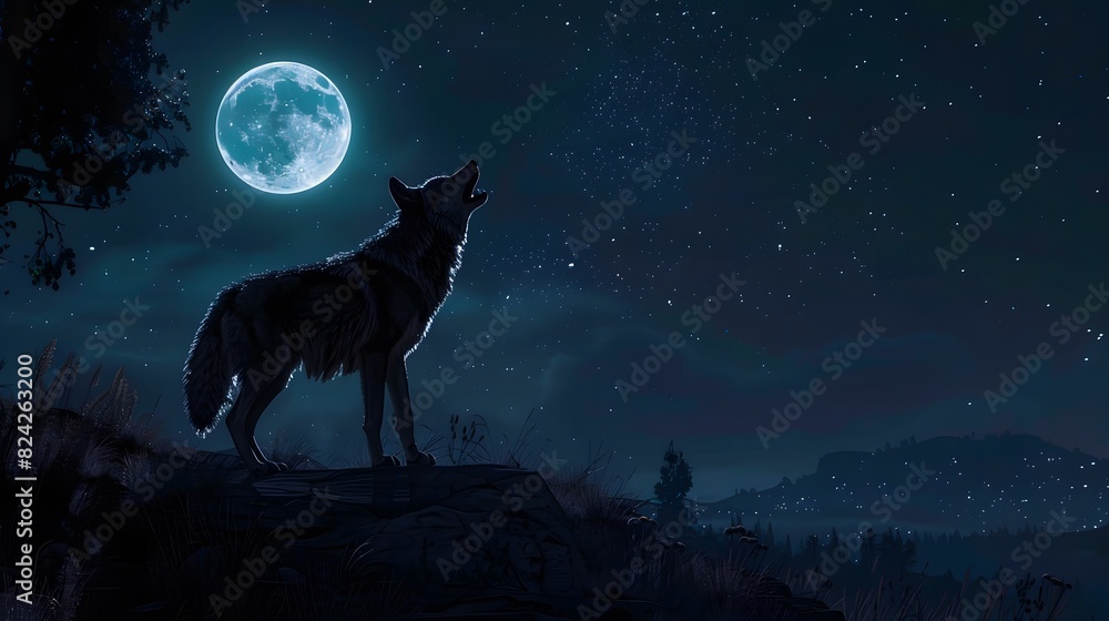 Black silhouette of a wolf howls at the full moon in a night sky Black silhouette of a wolf howls at the full moon in a night sky