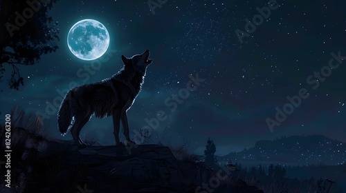 Wallpaper Mural Black silhouette of a wolf howls at the full moon in a night sky Torontodigital.ca