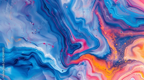 Colorful liquid marble background with waves and swirls, soft pastel colors. Abstract fluid art in bright blue, purple, orange and pink, with a marble texture, iridescent oil painting in the style of
