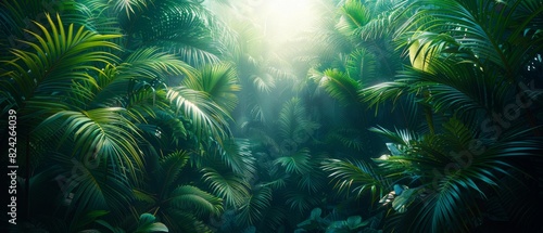 Background Tropical. Shafts of light pierce the canopy, creating pools of brightness amidst the shadowy undergrowth, where insects dance and birds flit in and out of sight.
