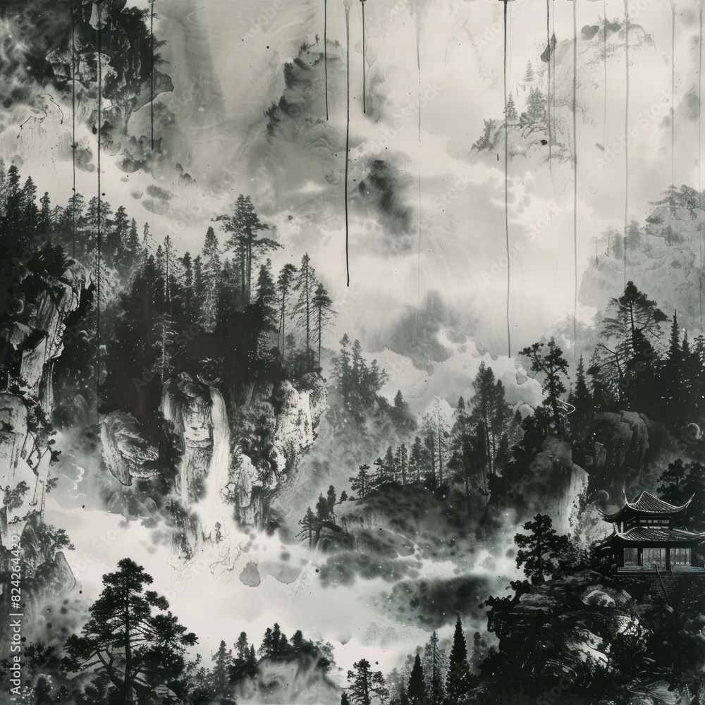 Chinese architecture with mountain, ink painting Chinese architecture with mountain, ink painting