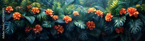 Background Tropical. Orchids cling to tree trunks  their delicate blossoms swaying gently in the breeze  while bromeliads perch high in the branches  their fiery hues standing out against the canopy.