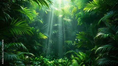 Background Tropical. The rainforest canopy forms a verdant canvas  its layers of leaves and branches creating a rich tapestry of green that stretches as far as the eye can see.