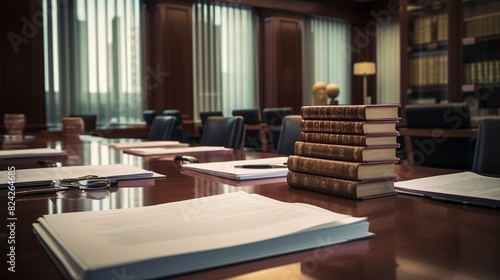 A photo of a conference room table with legal papers