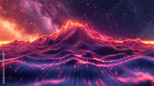a techy and digital lines style wallpaper depicting colours in the digital universe with montain in the middle overall theme is vioet colour.