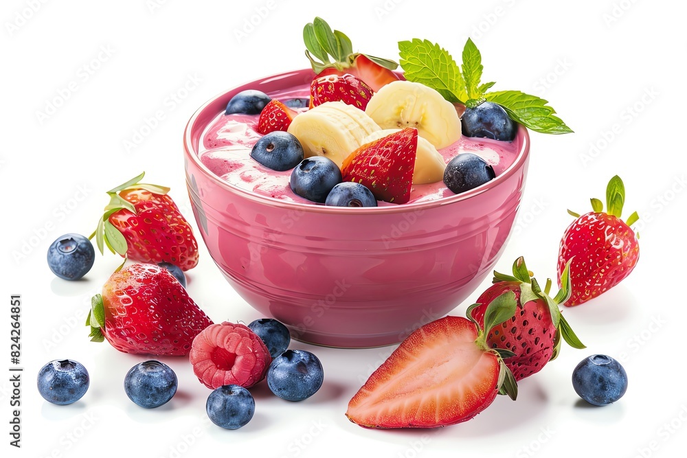 Bowl of smoothie with strawberry, banana and blueberry on white background isolated Bowl of smoothie with strawberry, banana and blueberry on white background isolated
