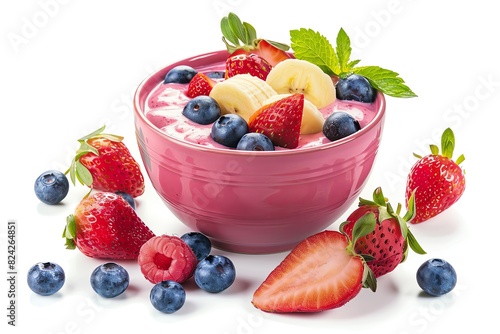 Bowl of smoothie with strawberry  banana and blueberry on white background isolated