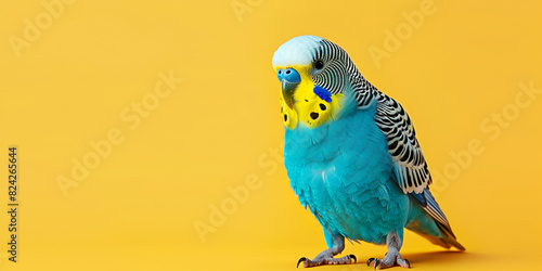 Colorful Blue and Yellow Parrot on Perch Against Yellow Background