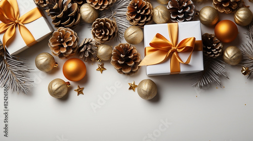Gift box, fir branches and pine cones new year with place for text on Black background