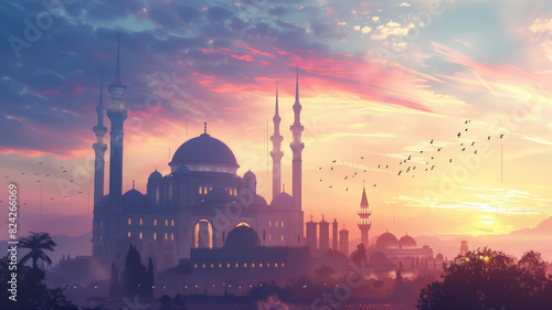 Mosque at sunset background © RaulVincius