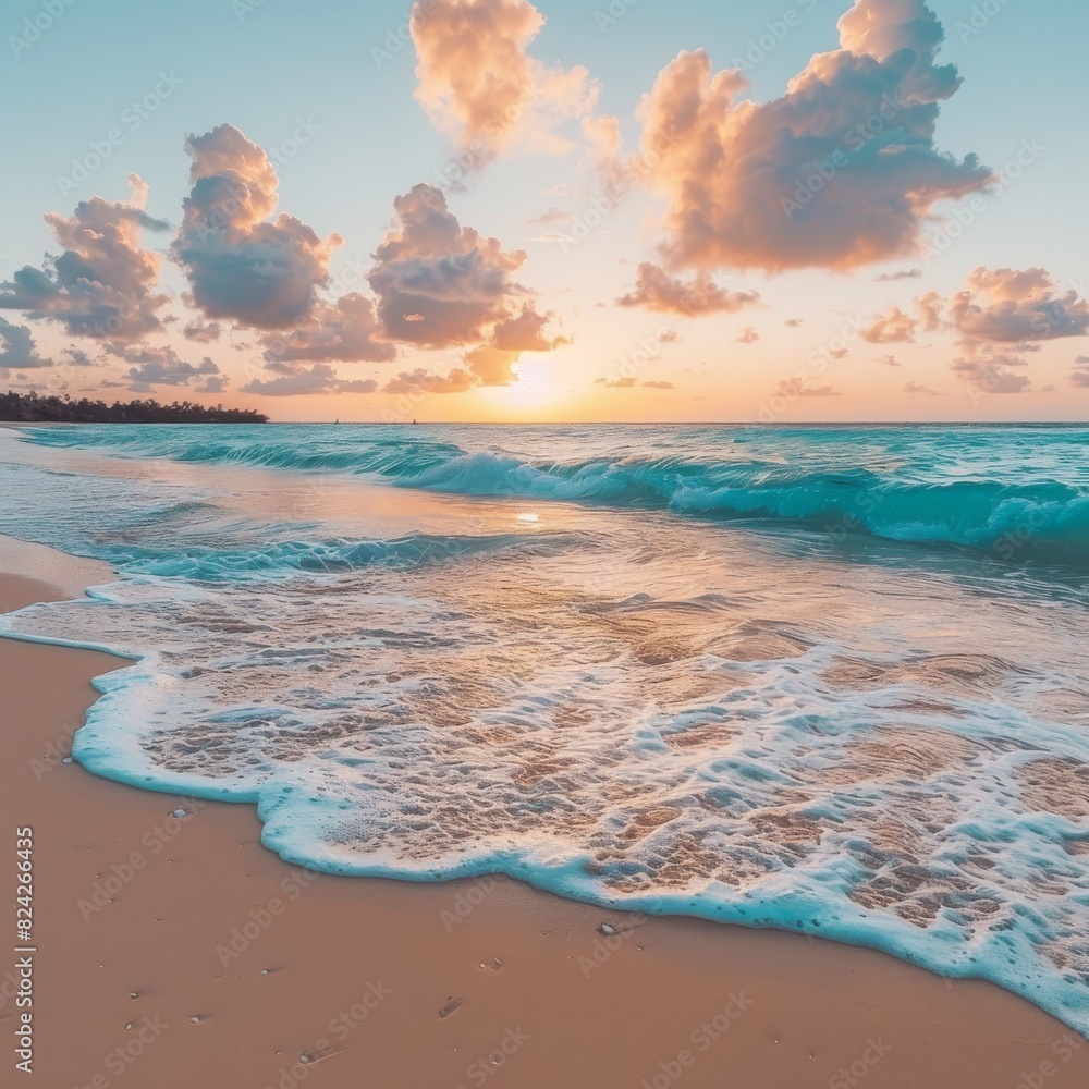 Fototapeta premium Stunning Beach Sunset with Rolling Waves and Colorful Clouds Capturing the Tranquility and Beauty of Nature's Evening Glow