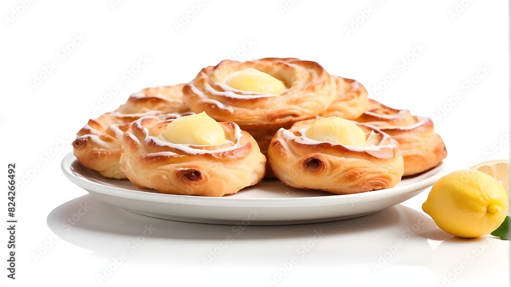 plate with delicious lemon danish pastry isolated on white background