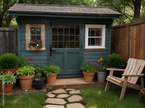 Cozy garden shed with rustic decor and potted plants  generative AI