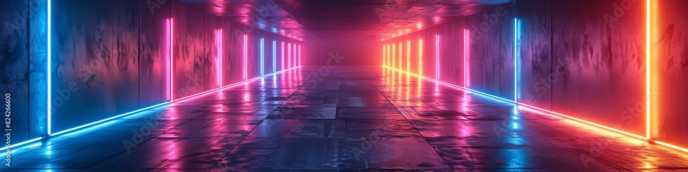 A geometric abstract background with neon lights. 