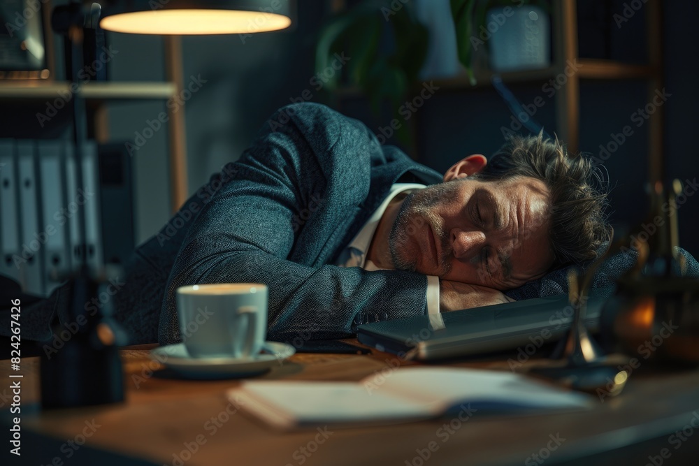 Tired businessman sleeping in office with coffee cup on desk, Office worker taking a nap Tired businessman sleeping in office with coffee cup on desk, Office worker taking a nap