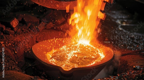A furnace being fed with raw materials with the flame growing higher as the metal begins to melt. photo
