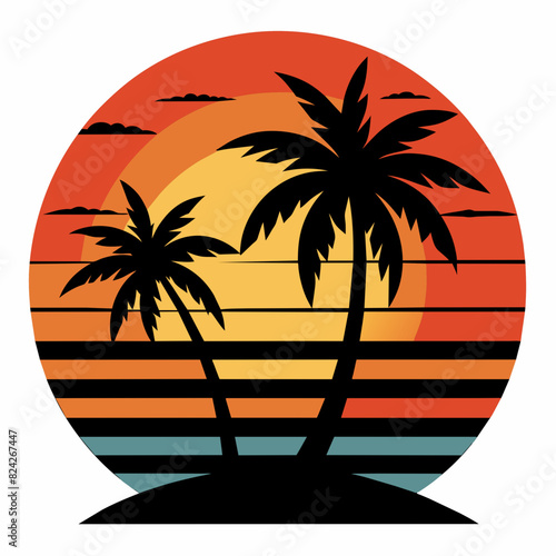 Summer times tropical with Retro vintage palm tree silhouette on the beach Vector Illustration
