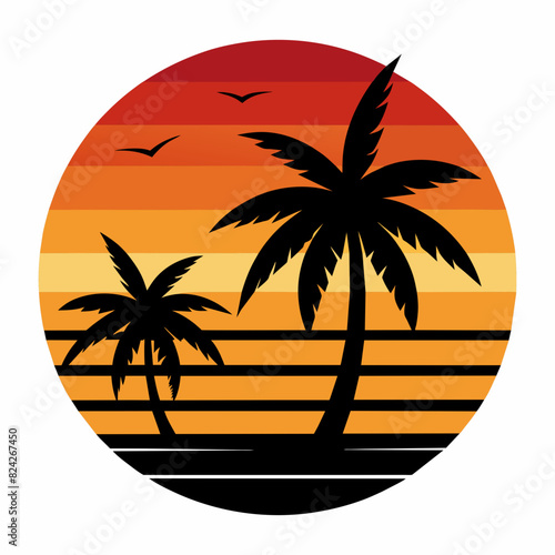 Summer times tropical with Retro vintage palm tree silhouette on the beach Vector Illustration
