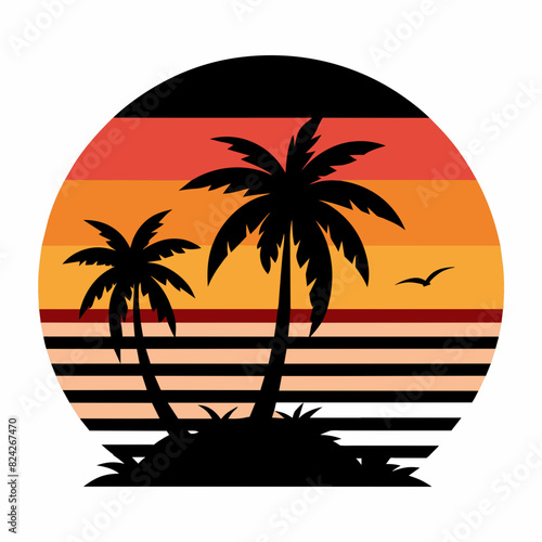 Summer times tropical with Retro vintage palm tree silhouette on the beach Vector Illustration
