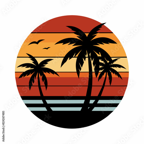 Summer times tropical with Retro vintage palm tree silhouette on the beach Vector Illustration
