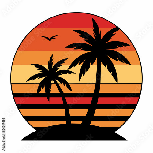 Summer times tropical with Retro vintage palm tree silhouette on the beach Vector Illustration
