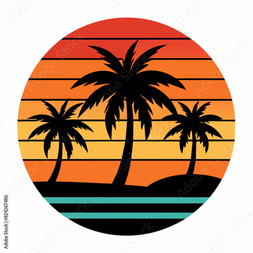 Summer times tropical with Retro vintage palm tree silhouette on the beach Vector Illustration
