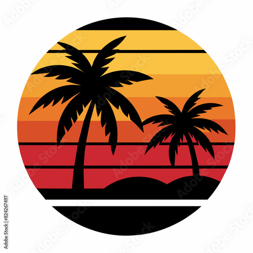 Retro vintage palm tree silhouette on the beach Vector Illustration
