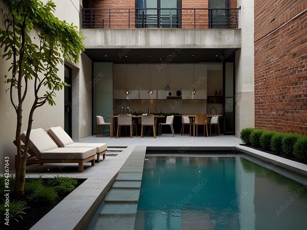 Urban courtyard with modern furniture and a water feature, generative AI