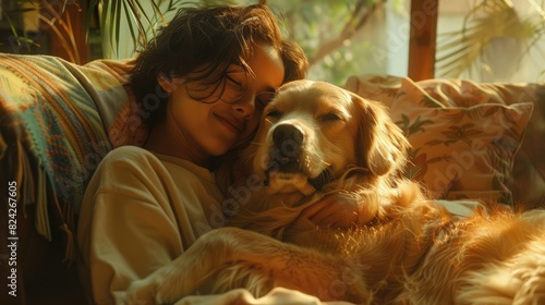 A person sitting on a couch lovingly hugging their dog, Happy dog and owner, Capturing the essence of companionship