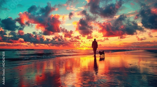 A person walking their dog along a beach at sunset, both silhouetted against the colorful sky
