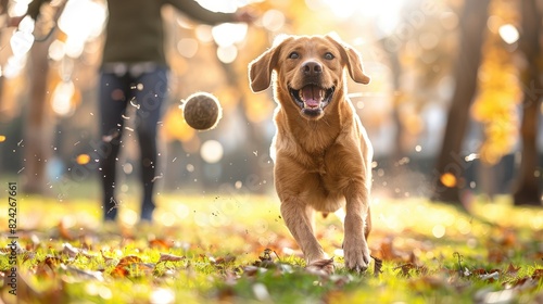 A person playing fetch with their happy dog in a park, both radiating joy, highlighting the bond and friendship between owner and pet