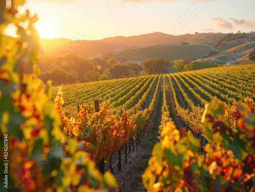 A vineyard bathed in the warm glow of sunlight, with rows of grapevines stretching across the rolling hills. The golden sunlight enhances the vibrant colors
