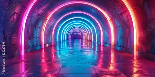 Abstract colorful tunnel with glowing lights and neon arches. Abstract background of futuristic corridor with reflections. Digital illustration.