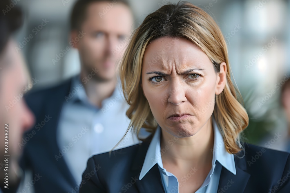 Stern Business Woman Confronts Angry Customer in Tense Office Interaction Stern Business Woman Confronts Angry Customer in Tense Office Interaction