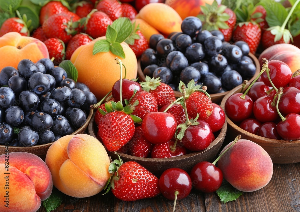 A Vibrant Display of Fresh Summer Fruits – Strawberries, Blueberries, Cherries, Peaches, and Apricots Arranged in Wooden Bowls with Green Leaves A Vibrant Display of Fresh Summer Fruits – Strawberries, Blueberries, Cherries, Peaches, and Apricots Arranged in Wooden Bowls with Green Leaves
