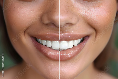 Beautiful young woman female smiling showing perfect white teeth. Dental stomatology whitening and treatment advertisement concept.
