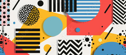 Dynamic abstract background with vibrant geometric shapes and patterns in Memphis design style