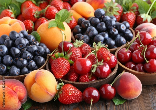 A Vibrant Display of Fresh Summer Fruits          Strawberries  Blueberries  Cherries  Peaches  and Apricots Arranged in Wooden Bowls with Green Leaves